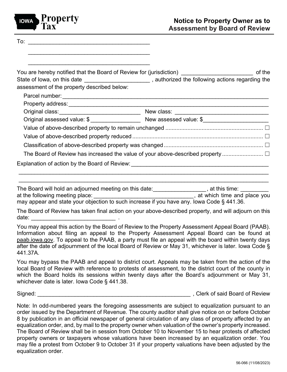 Form 56-066 Notice to Property Owner as to Assessment by Board of Review - Iowa, Page 1
