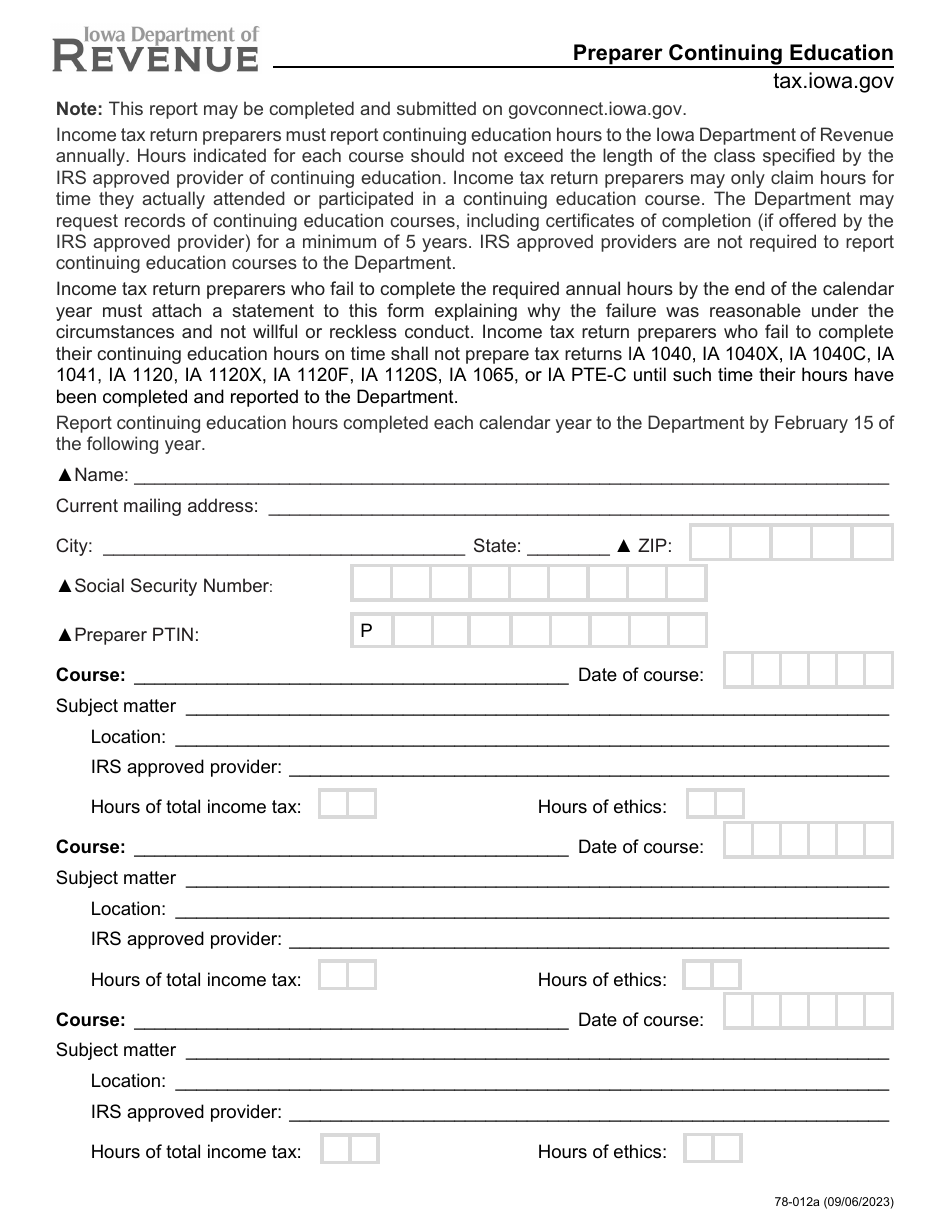 Form 78-012 Download Fillable PDF or Fill Online Preparer Continuing ...