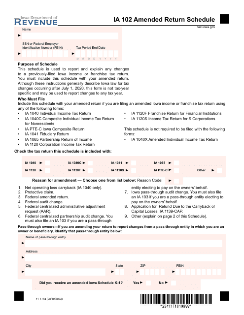 Form IA102 (41-171) Amended Return Schedule - Iowa