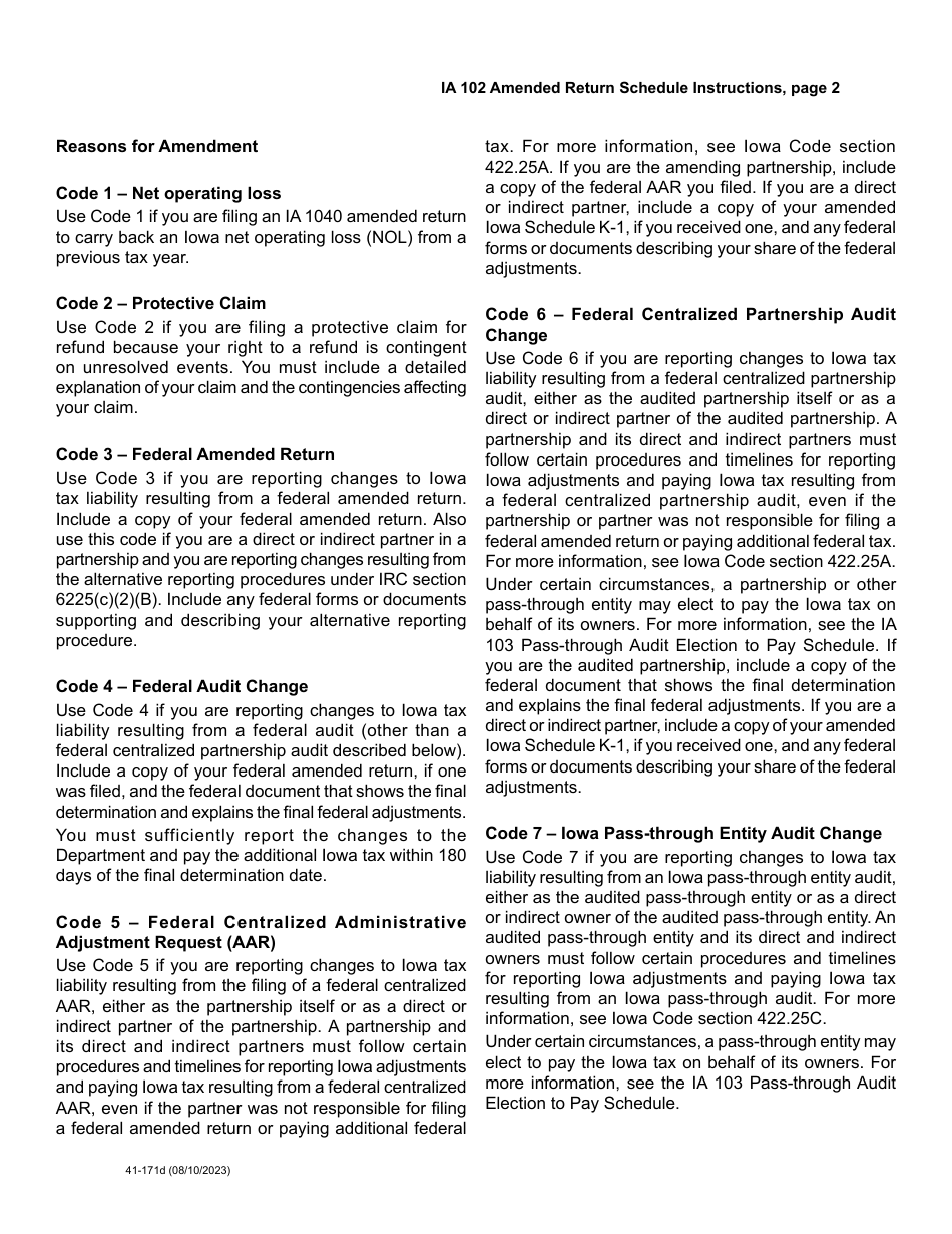 Form IA102 (41-171) Amended Return Schedule - Iowa, Page 4