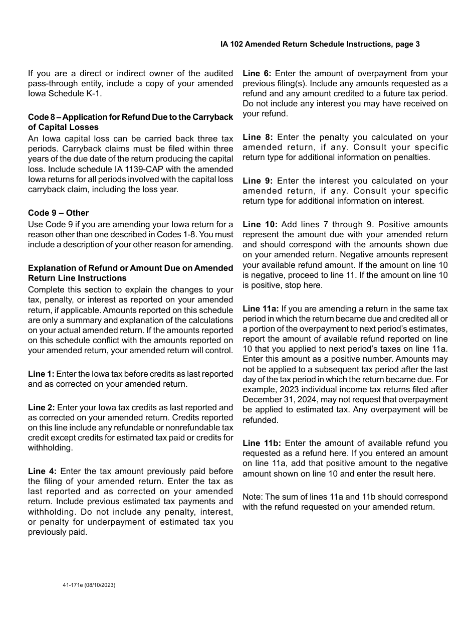 Form IA102 (41-171) Amended Return Schedule - Iowa, Page 5