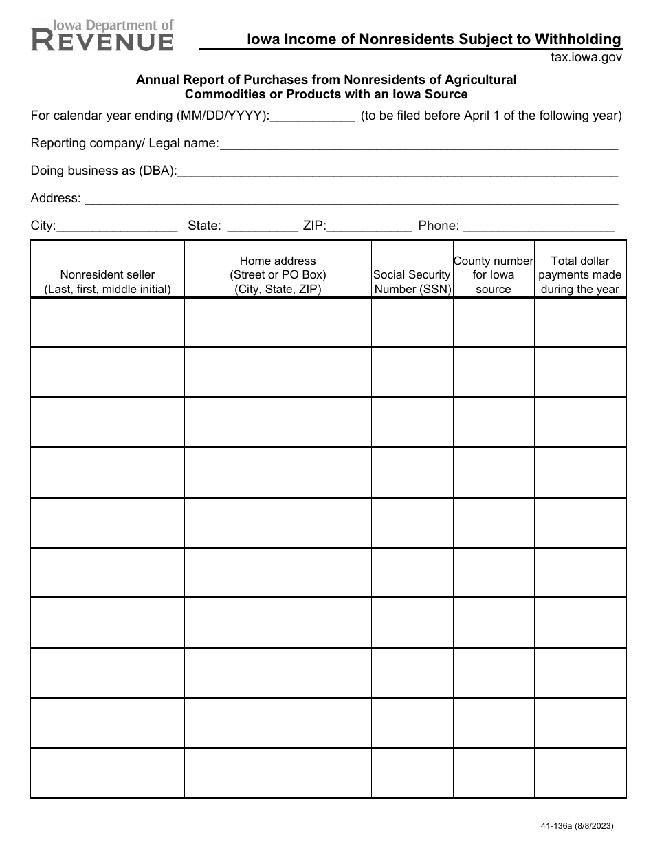 Form 41-136 Iowa Income of Nonresidents Subject to Withholding - Iowa, Page 1