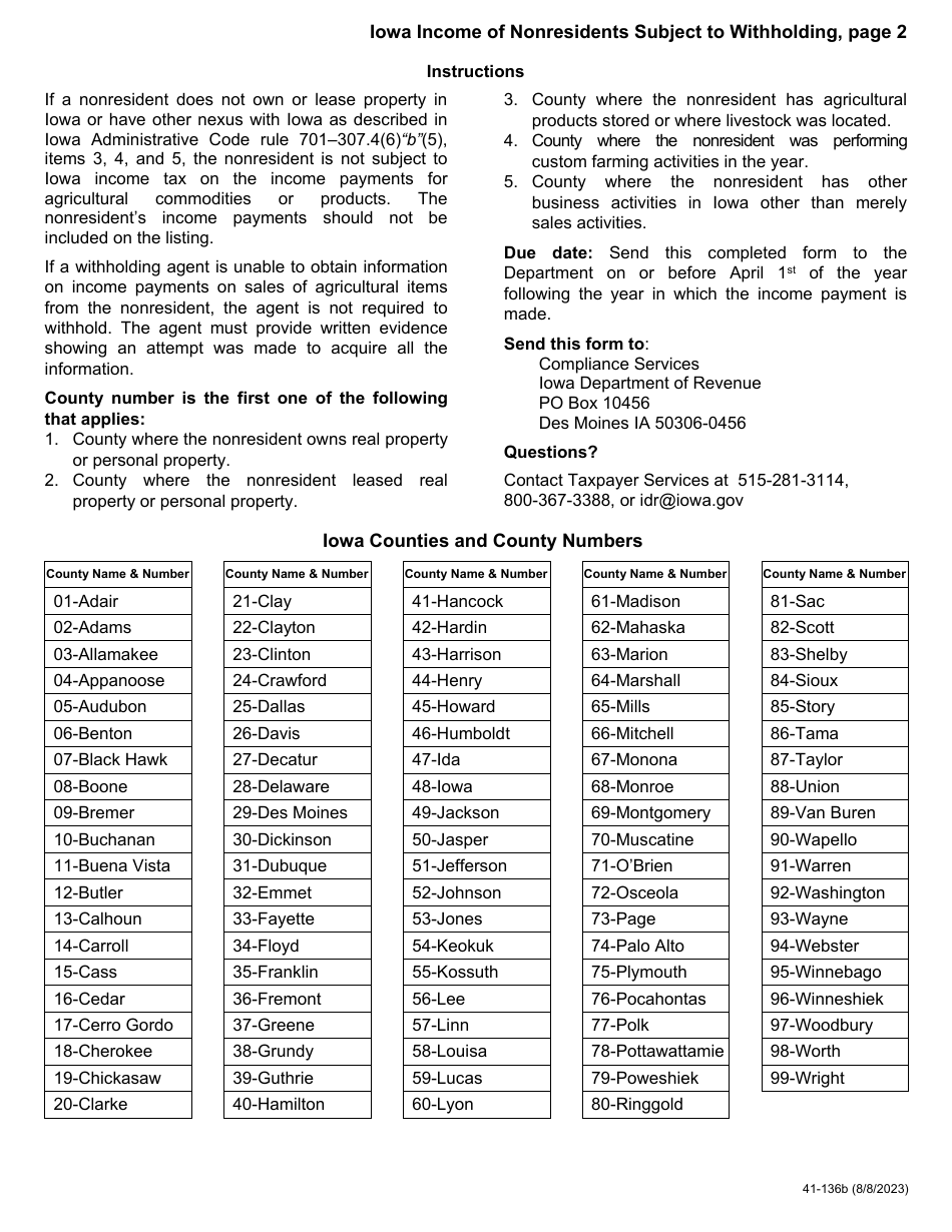 Form 41-136 Iowa Income of Nonresidents Subject to Withholding - Iowa, Page 2