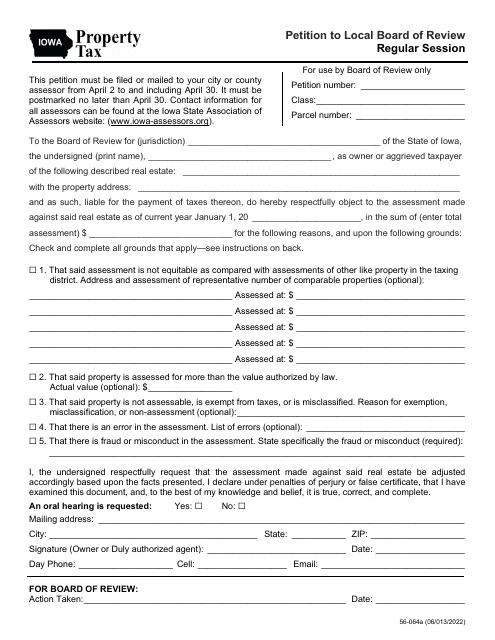 Form 56-054 Petition to Local Board of Review Regular Session - Iowa