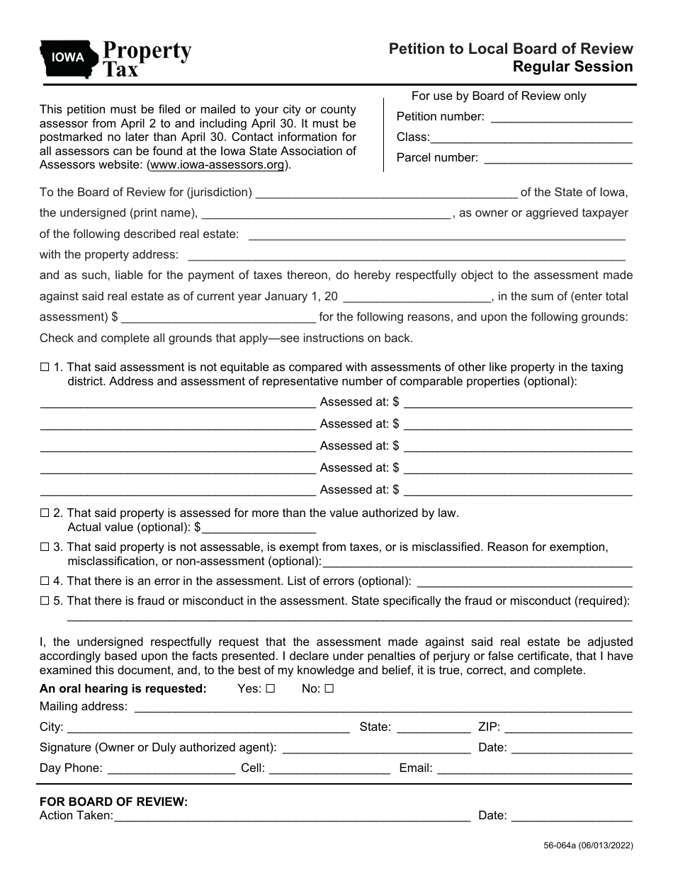 Form 56-054 Petition to Local Board of Review Regular Session - Iowa, Page 1