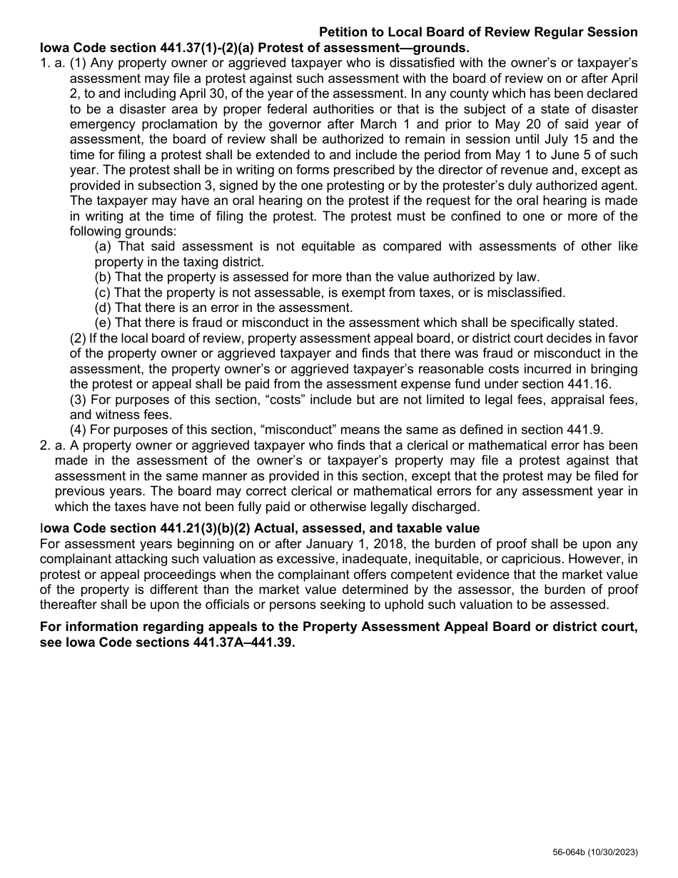 Form 56-054 Petition to Local Board of Review Regular Session - Iowa, Page 2