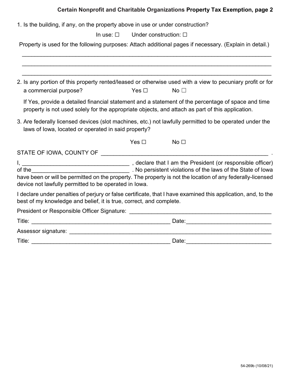 Form 54-269 Certain Nonprofit and Charitable Organizations Property Tax Exemption - Iowa, Page 2