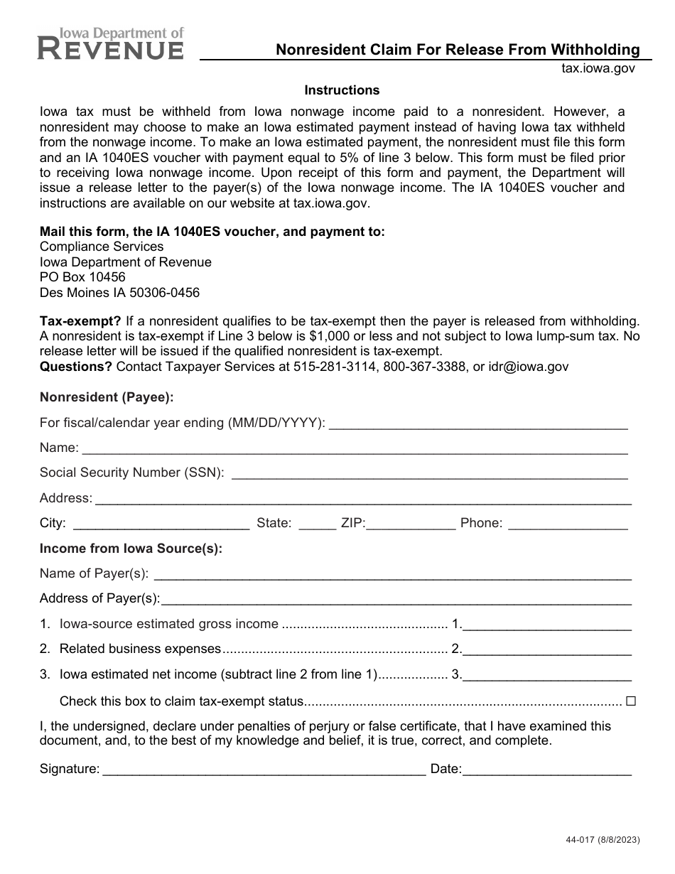 Form 44-017 Nonresident Claim for Release From Withholding - Iowa, Page 1