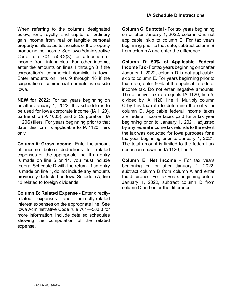 Form 42-014 Schedule D Nonbusiness Income for Corporations, Partnerships, and S Corporations - Iowa, Page 2