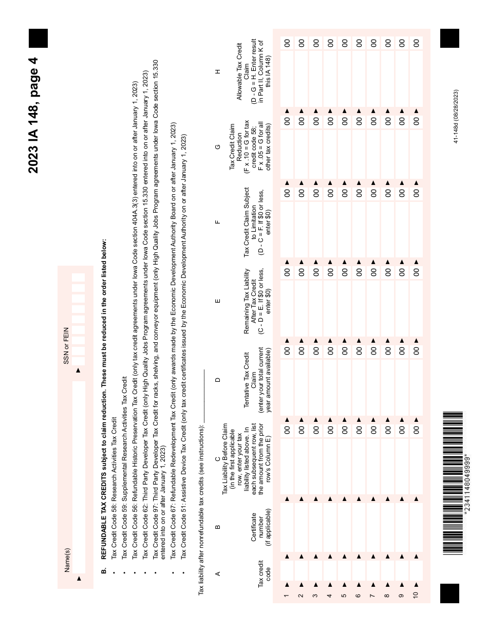 Form IA148 (41-148) Iowa Tax Credits Schedule - Iowa, Page 4