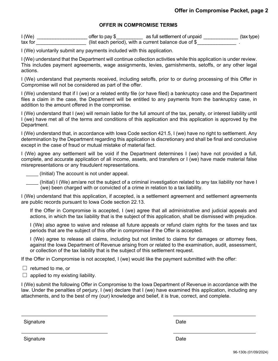 Form 96-130 Offer in Compromise Packet - Iowa, Page 2