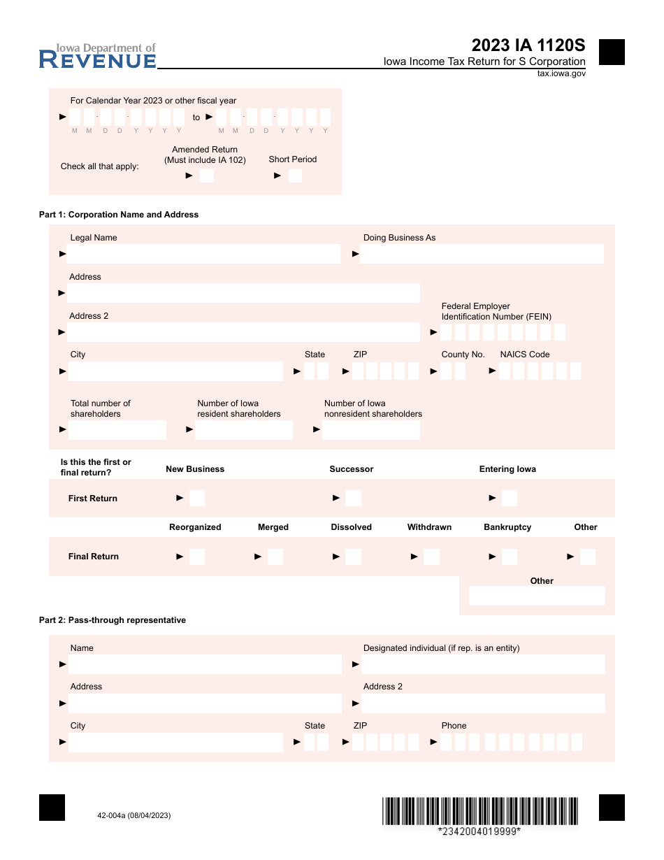 Form IA1120S (42-004) Iowa Income Tax Return for S Corporation - Iowa, Page 1