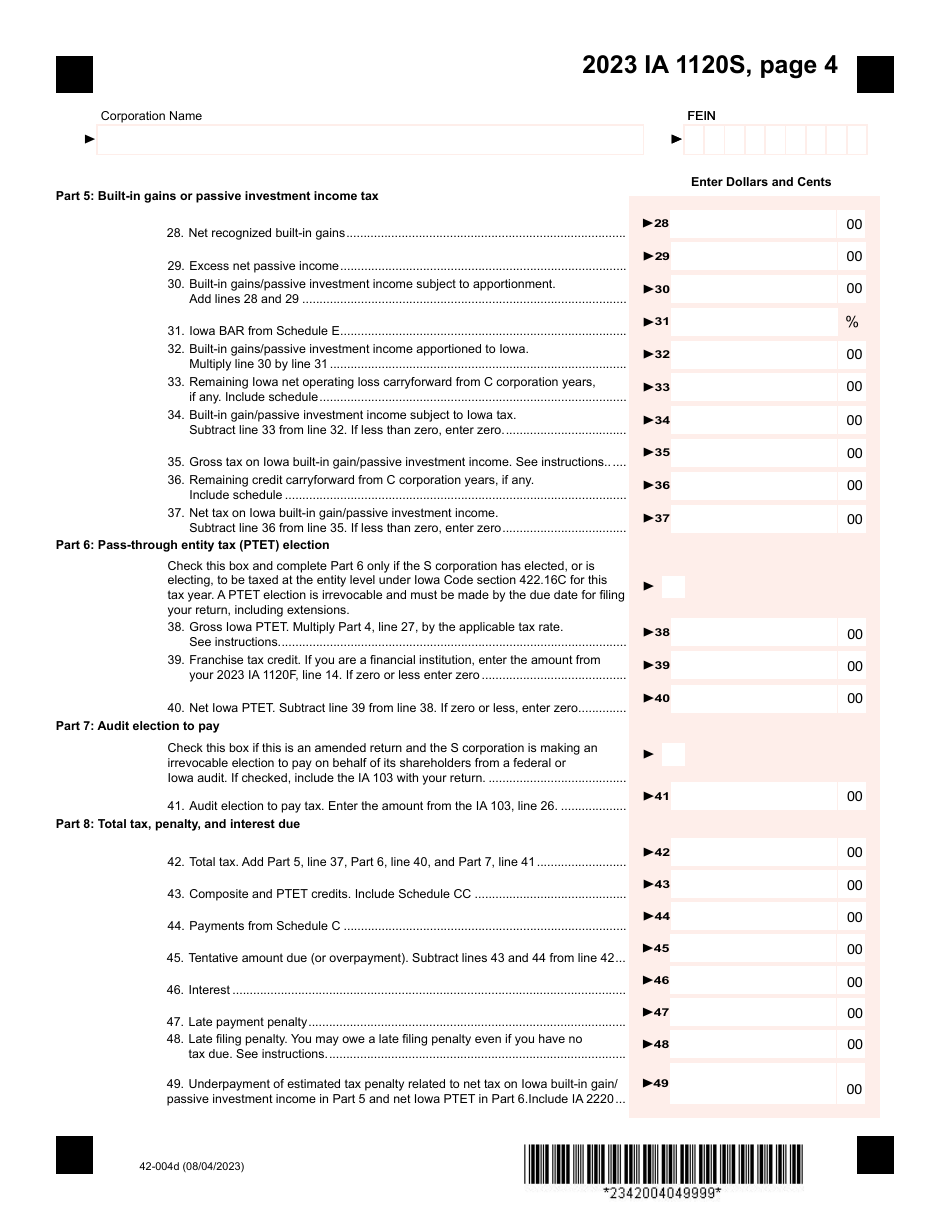 Form IA1120S (42-004) Iowa Income Tax Return for S Corporation - Iowa, Page 4