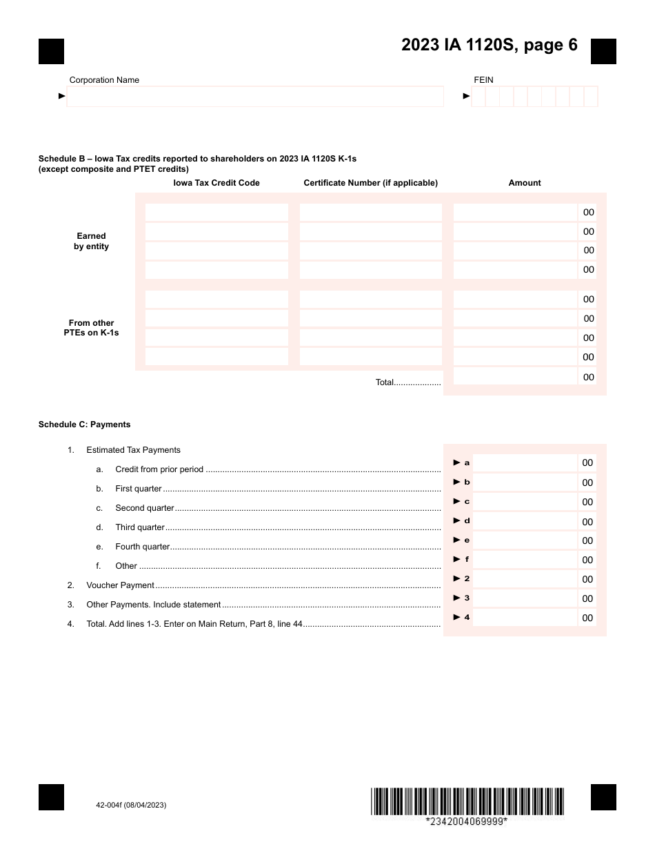 Form IA1120S (42-004) Iowa Income Tax Return for S Corporation - Iowa, Page 6