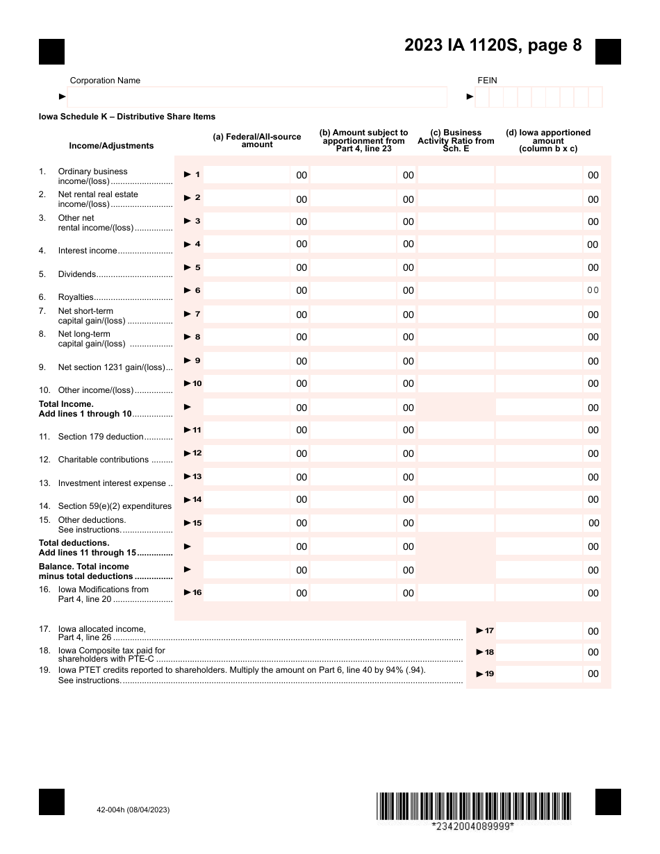 Form IA1120S (42-004) Iowa Income Tax Return for S Corporation - Iowa, Page 8