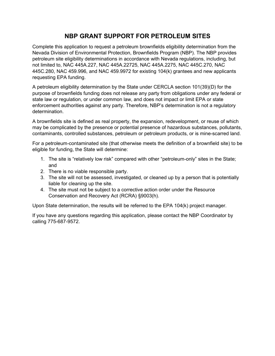 Nevada Petroleum Brownfield Site Eligibility Application - Nevada, Page 1