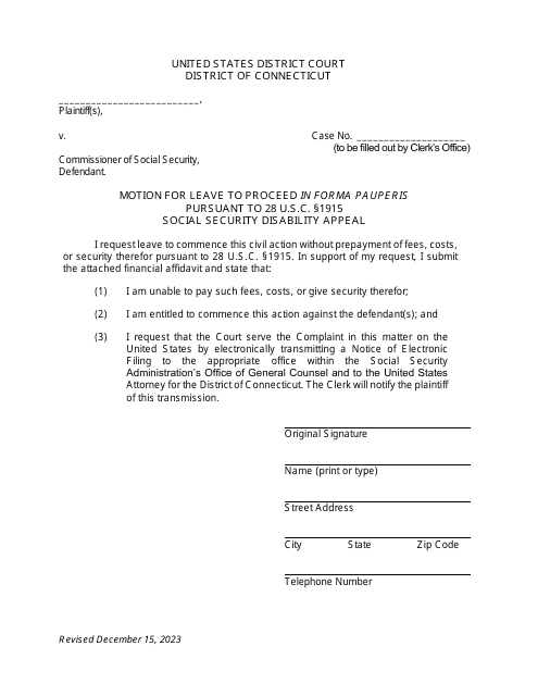 Motion for Leave to Proceed in Forma Pauperis Pursuant to 28 U.s.c. 1915 Social Security Disability Appeal - Connecticut