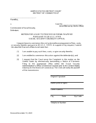 Motion for Leave to Proceed in Forma Pauperis Pursuant to 28 U.s.c. 1915 Social Security Disability Appeal - Connecticut