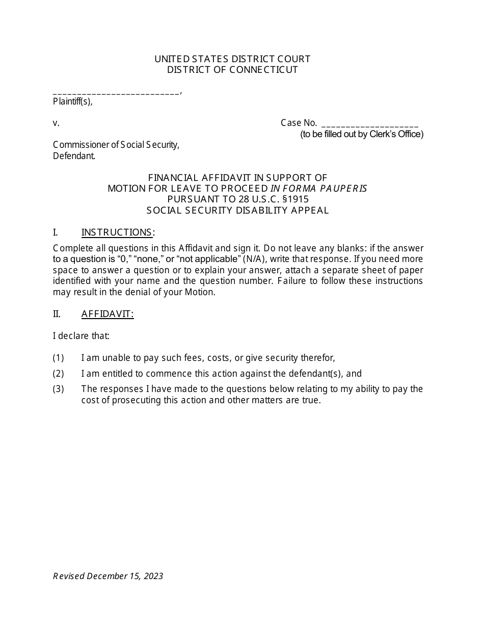 Motion for Leave to Proceed in Forma Pauperis Pursuant to 28 U.s.c. 1915 Social Security Disability Appeal - Connecticut, Page 2