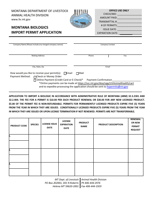 Montana Biologics Import Permit Application - Montana