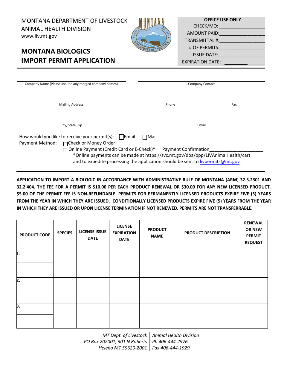 Montana Biologics Import Permit Application - Montana, Page 1