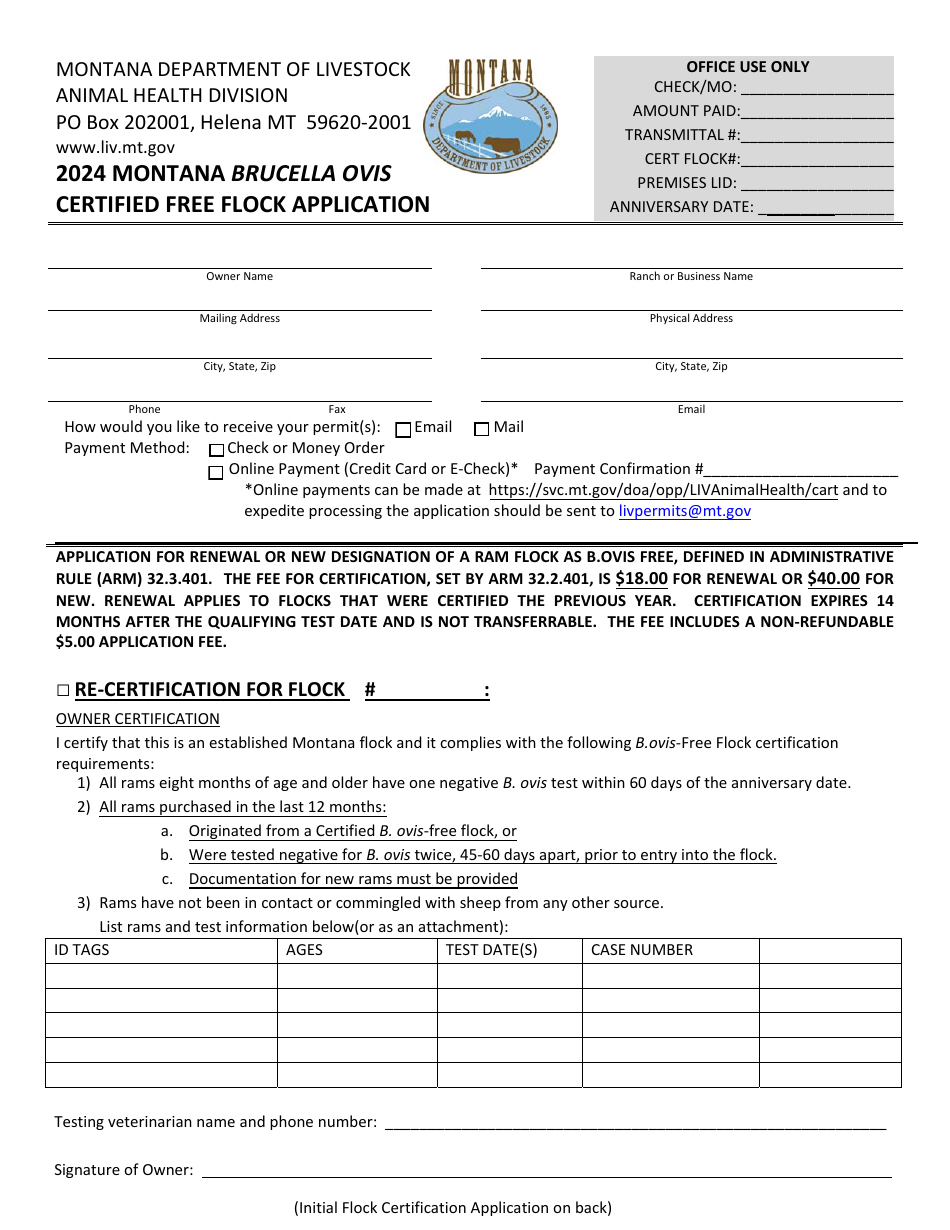 Montana Brucella Ovis Certified Free Flock Application - Montana, Page 1