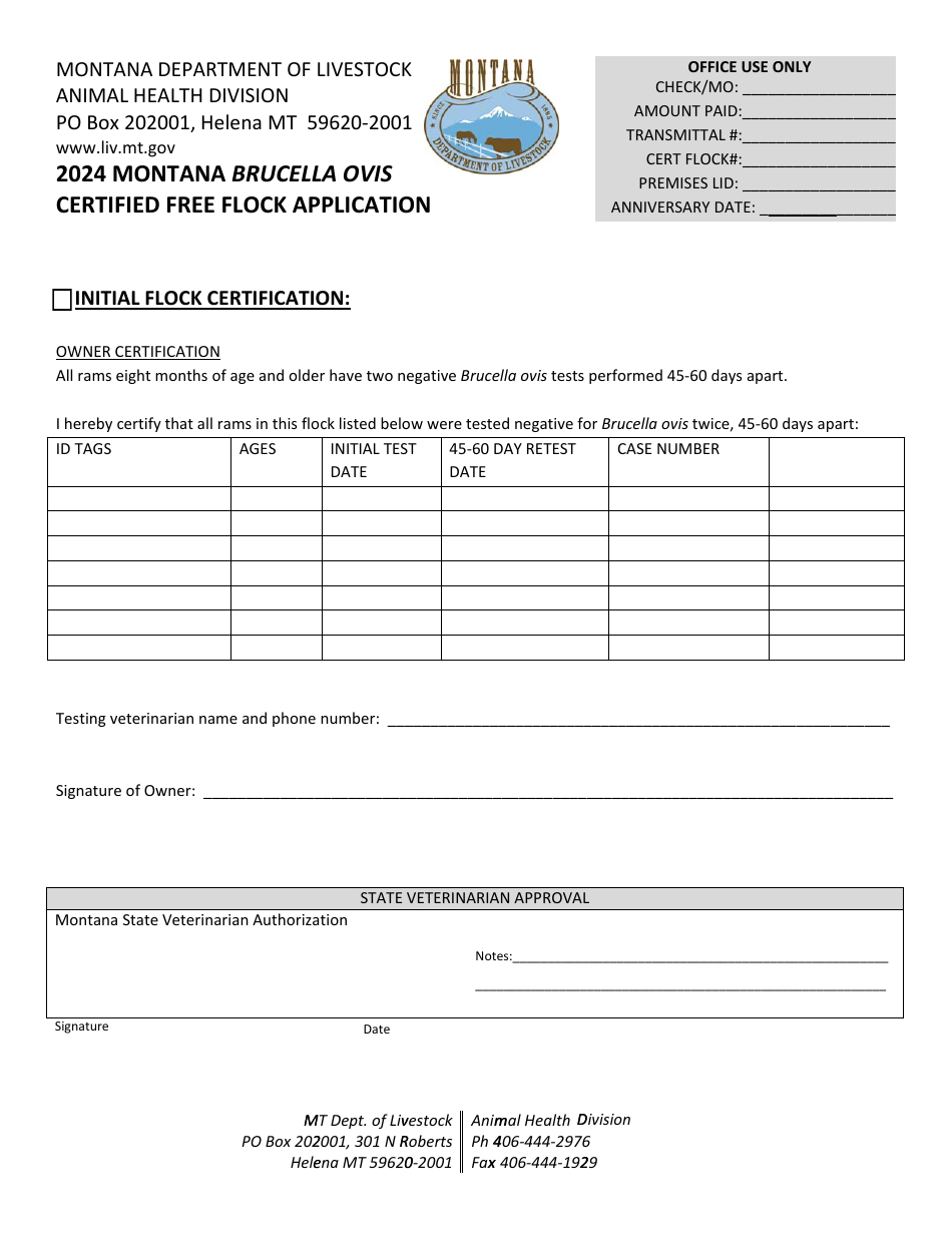 Montana Brucella Ovis Certified Free Flock Application - Montana, Page 2