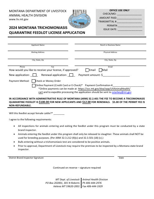 Montana Trichomoniasis Quarantine Feedlot License Application - Montana Download Pdf