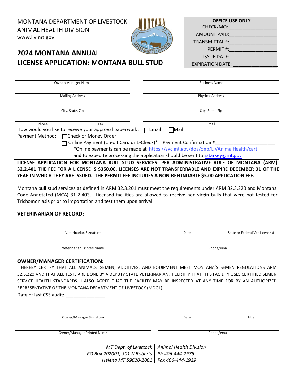 Montana Annual License Application: Montana Bull Stud - Montana, Page 1