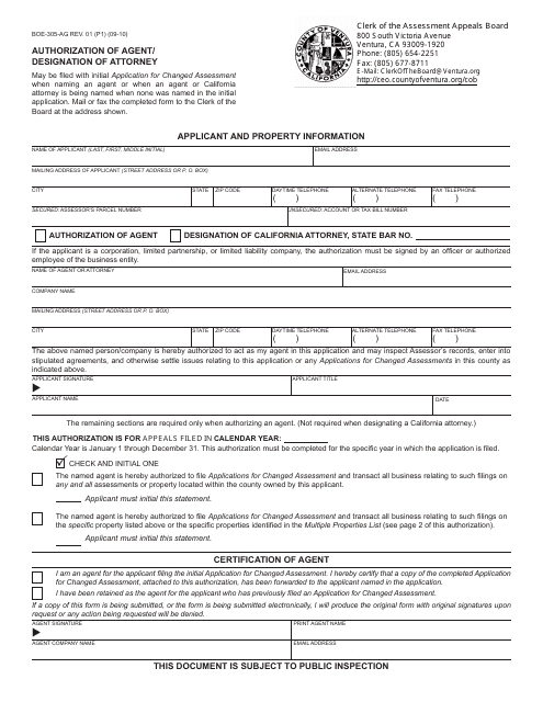 Form BOE-305-AG Authorization of Agent/Designation of Attorney - Ventura County, California