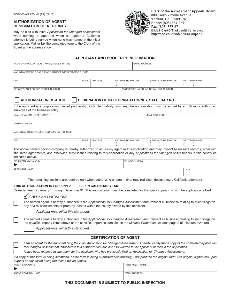 Form BOE-305-AG Authorization of Agent / Designation of Attorney - Ventura County, California, Page 1