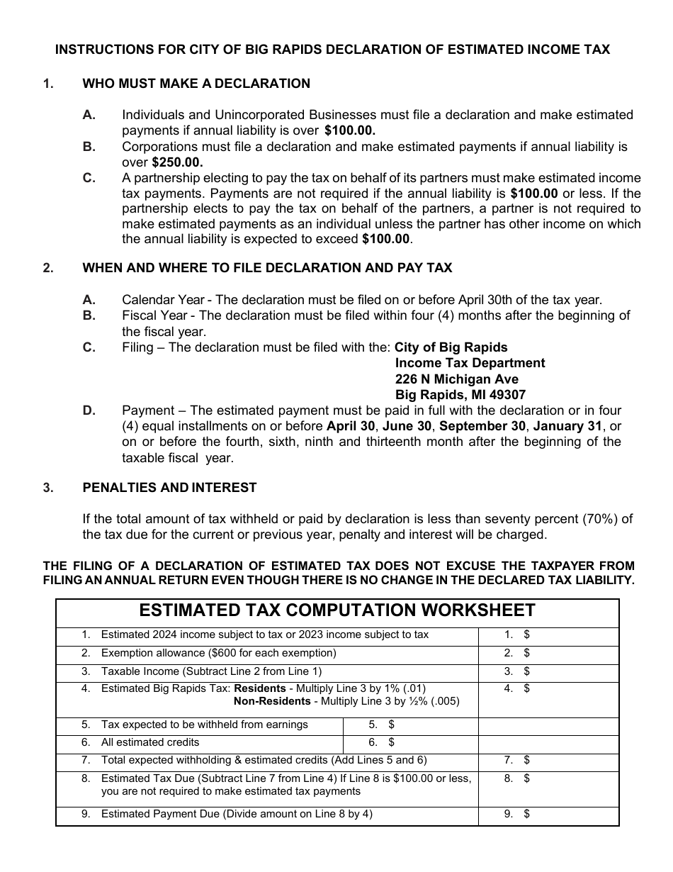 Form BR-1120ES Estimated Tax Declaration Voucher - City of Big Rapids, Michigan, Page 1