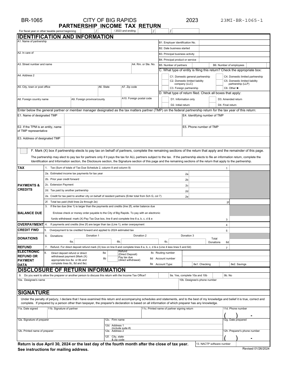 Form BR-1065 Partnership Income Tax Return - City of Big Rapids, Michigan, Page 1