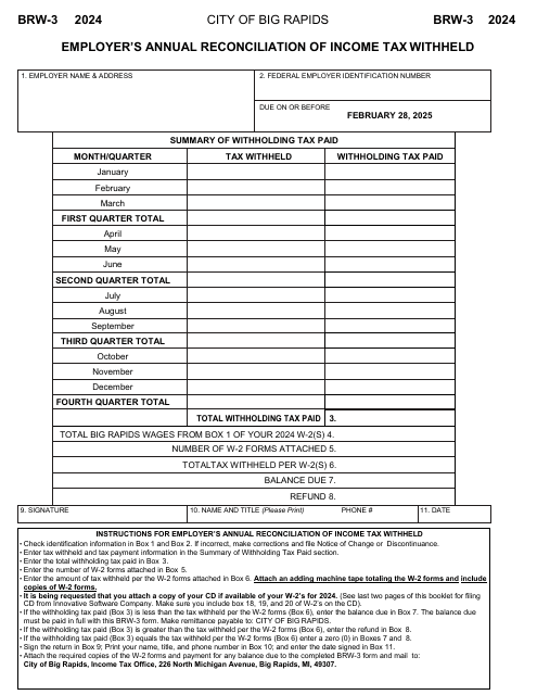 Form BRW-3 Employer's Annual Reconciliation of Income Tax Withheld - City of Big Rapids, Michigan, 2024