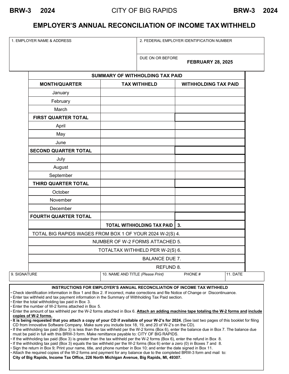 Form BRW-3 Employers Annual Reconciliation of Income Tax Withheld - City of Big Rapids, Michigan, Page 1