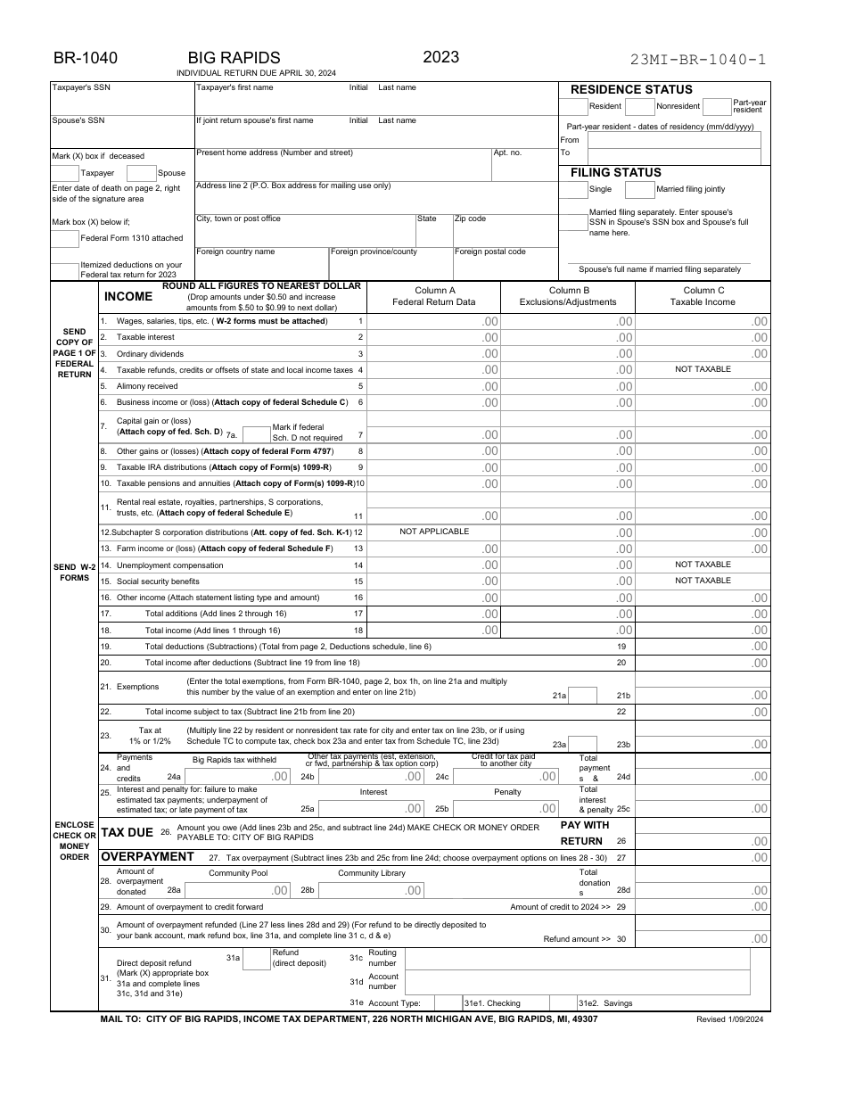 Form BR-1040 Individual Income Tax Return - City of Big Rapids, Michigan, Page 1