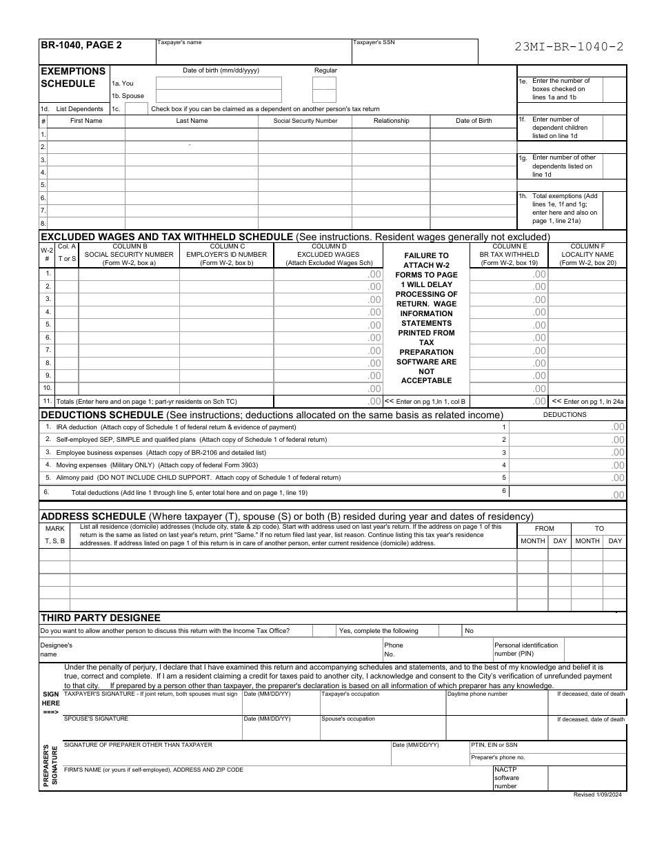 Form BR-1040 Individual Income Tax Return - City of Big Rapids, Michigan, Page 2