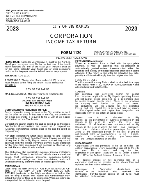Form 1120 Corporation Income Tax Return - City of Big Rapids, Michigan, 2023