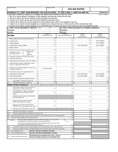 Form CF-1040 Schedule TC Part-Year Resident Tax Calculation - City of Big Rapids, Michigan, 2023