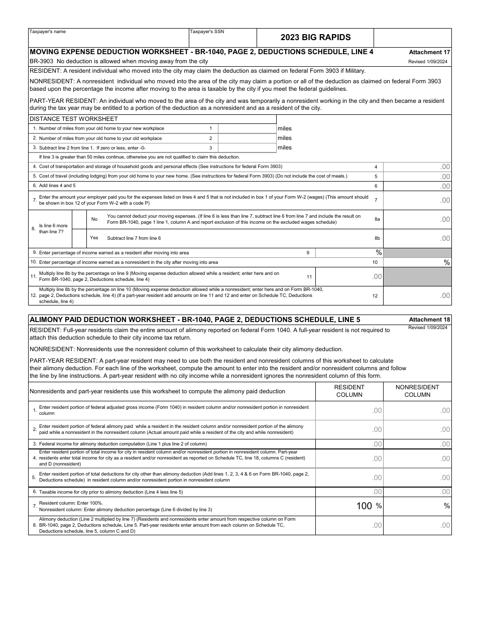 Form CF-1040 Schedule TC Part-Year Resident Tax Calculation - City of Big Rapids, Michigan, Page 11