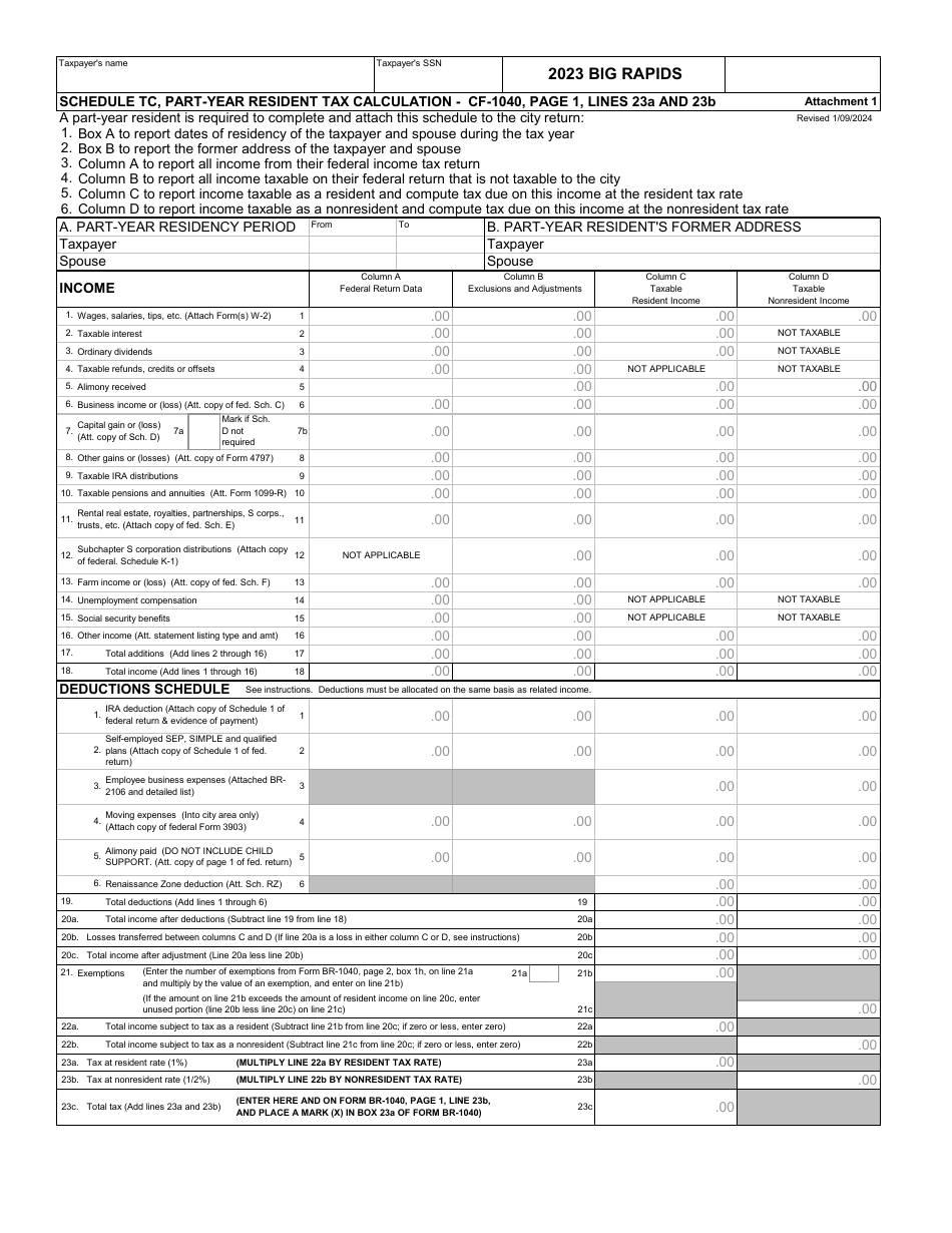 Form CF-1040 Schedule TC Part-Year Resident Tax Calculation - City of Big Rapids, Michigan, Page 1