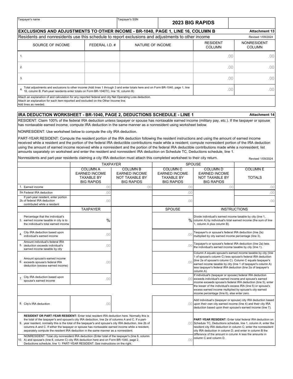 Form CF-1040 Schedule TC Part-Year Resident Tax Calculation - City of Big Rapids, Michigan, Page 9