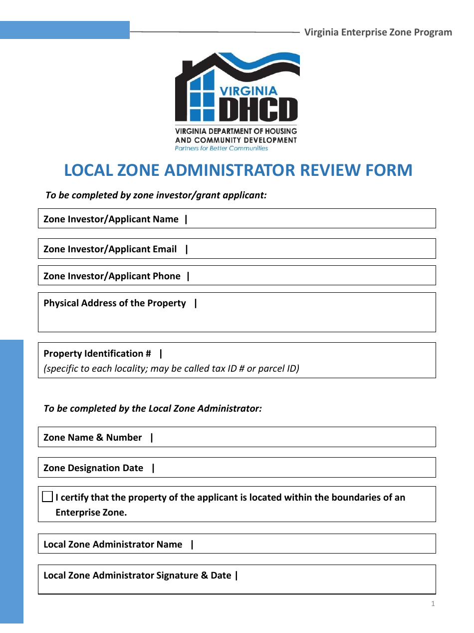 Local Zone Administrator Review Form - Virginia Enterprise Zone Program - Virginia, Page 1