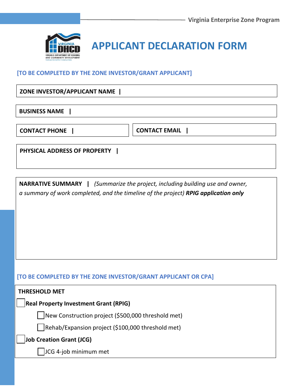 Applicant Declaration Form - Virginia Enterprise Zone Program - Virginia, Page 1