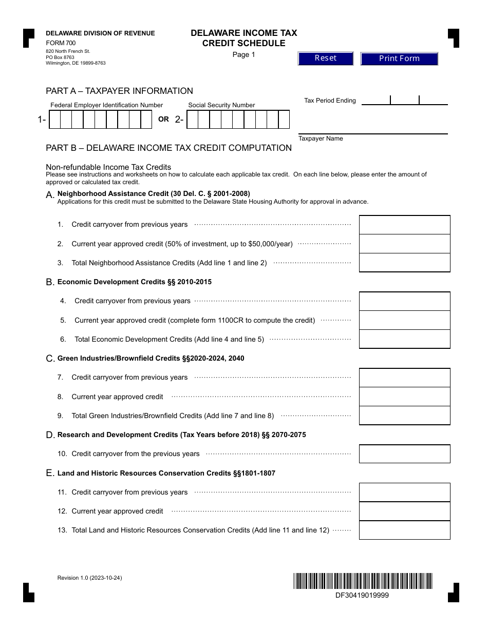 Form 700 Delaware Income Tax Credit Schedule - Delaware, Page 1