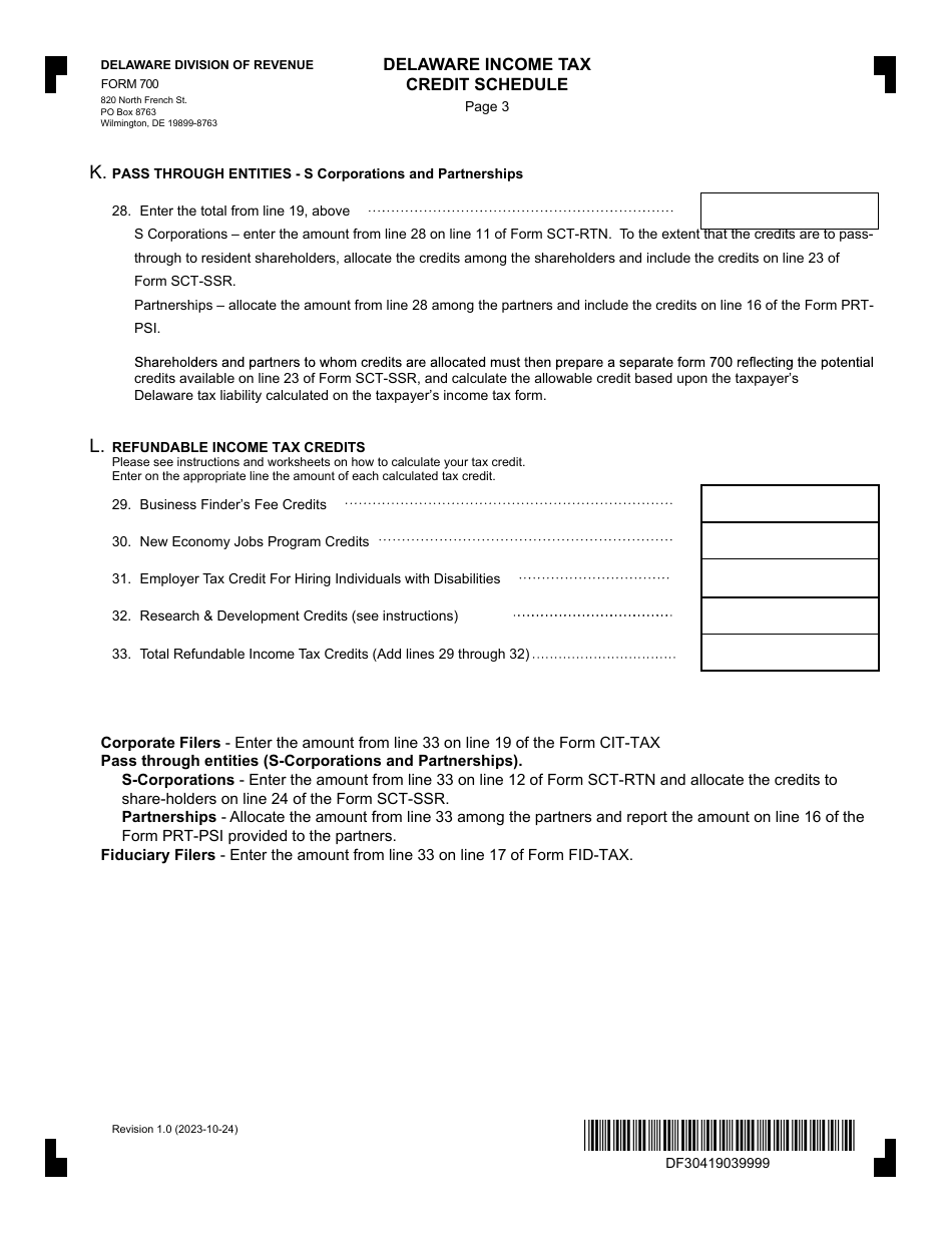 Form 700 Delaware Income Tax Credit Schedule - Delaware, Page 3