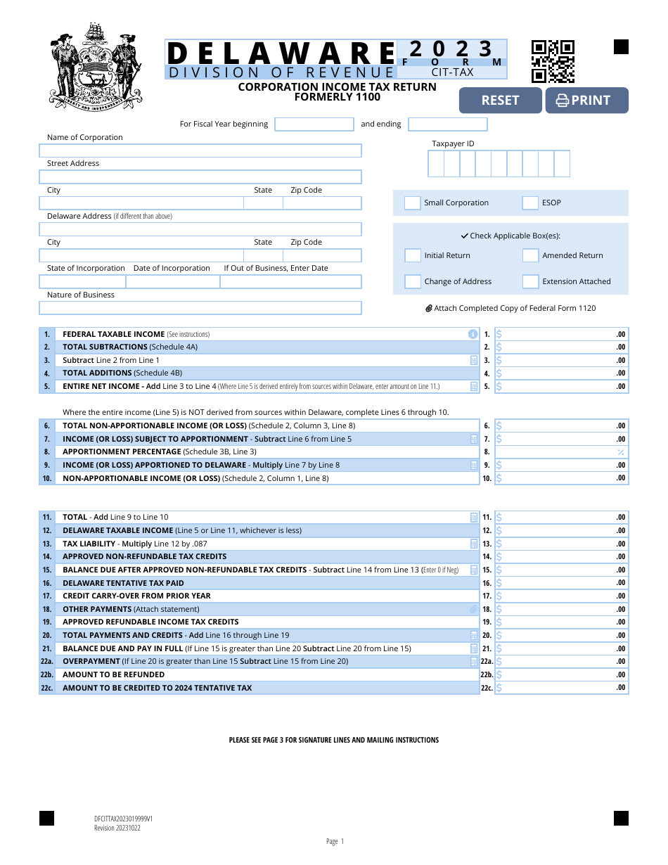 Form CIT-TAX Corporation Income Tax Return - Delaware, Page 1