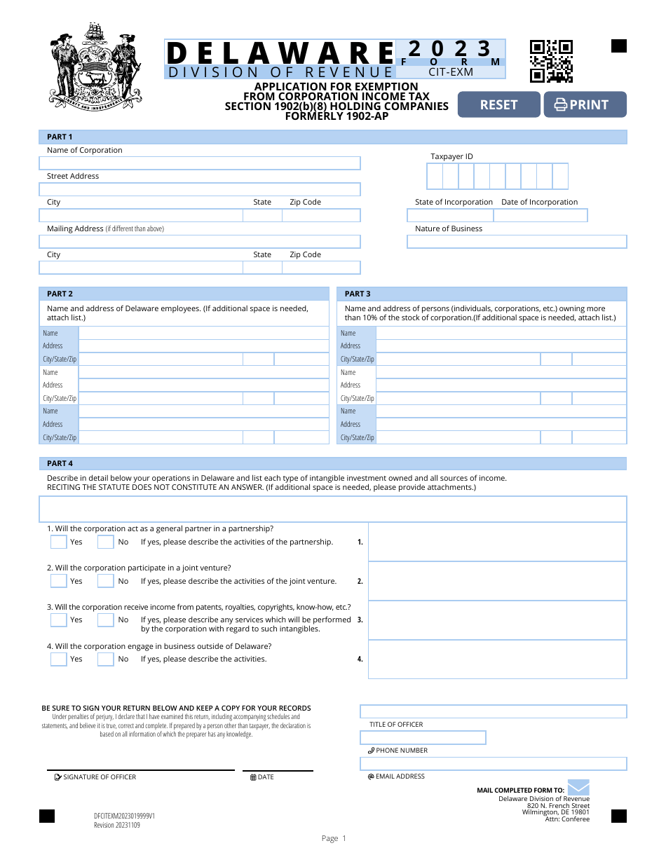 Form CIT-EXM Application for Exemption From Corporation Income Tax Section 1902(B)(8) Holding Companies - Delaware, Page 1