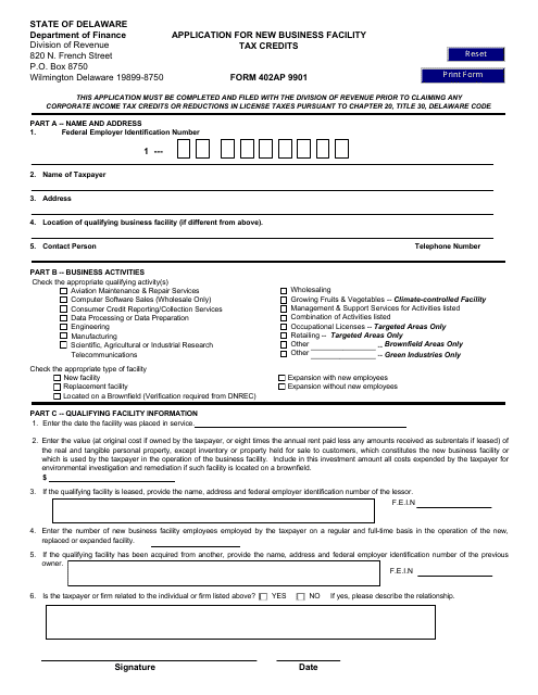Form 402AP 9901 Application for New Business Facility Tax Credits - Delaware