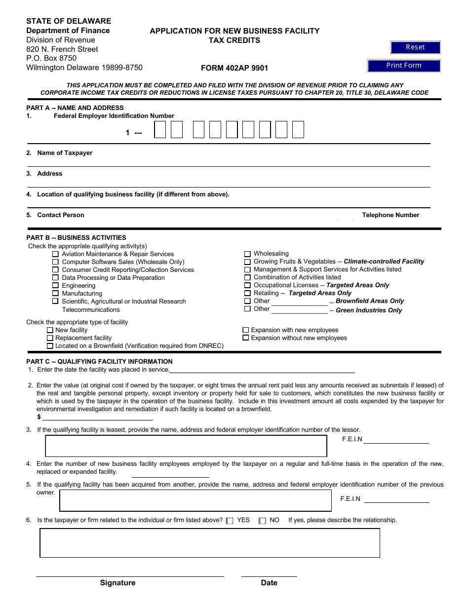 Form 402AP 9901 Application for New Business Facility Tax Credits - Delaware, Page 1